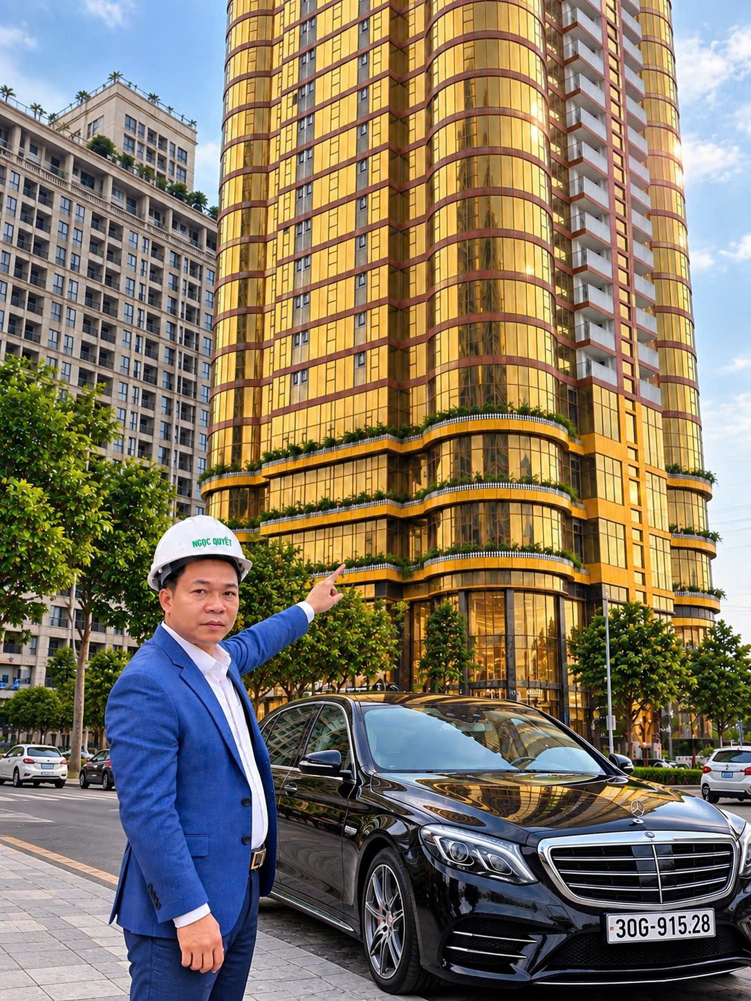 Ô tô Mercedes-Benz màu đen đỗ trước tòa nhà cao tầng mặt kính vàng